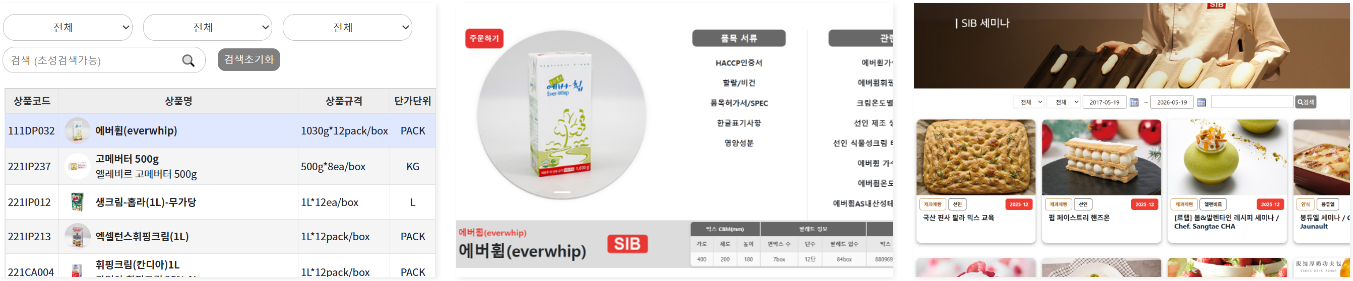 아이키친몰 화면 - 상품 검색 목록(상품코드·상품명·규격·단가단위), 상품 상세(HACCP 인증서·품목서류), SIB 세미나 레시피
